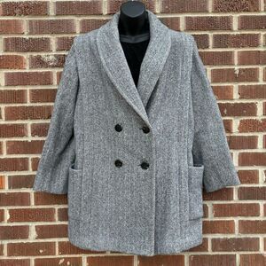 Vintage Herman Kay Womens Pea Coat Gray Herringbone Wool Double Breasted Size L